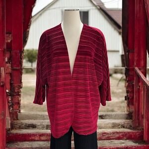Red Velvet Striped Oversized Open‎ Front Cardigan Kimono M Lightweight Boho Chic